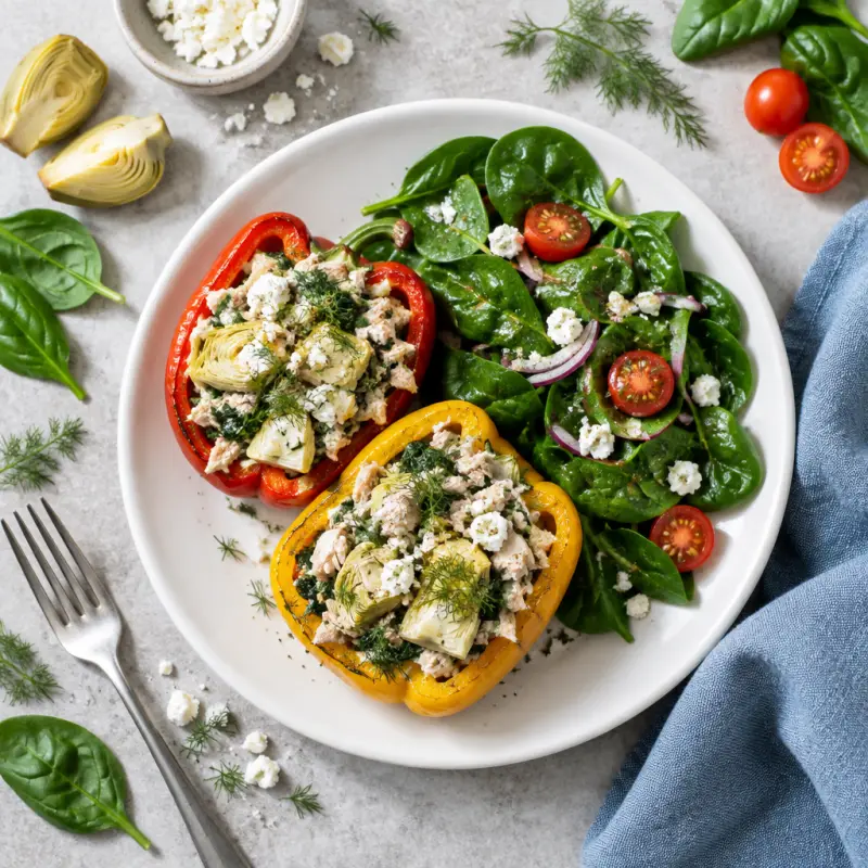 Turkey, Artichoke, Dill & Feta Stuffed Peppers with Spinach Salad, plated