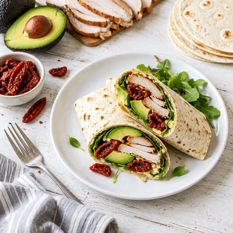 Turkey, Avocado & Sun-Dried Tomato Tortilla Wrap, plated