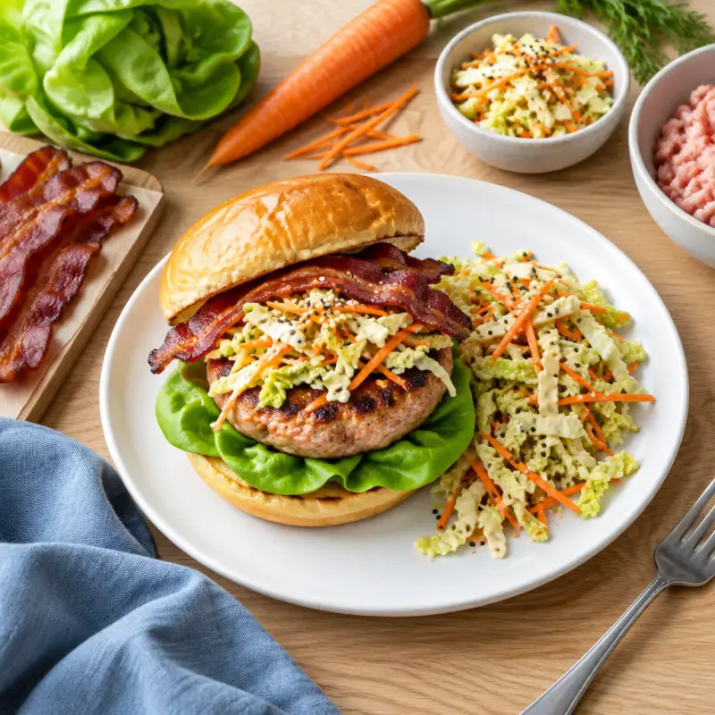 Turkey Bacon Burgers with Napa Cabbage & Carrot Sesame Slaw, plated