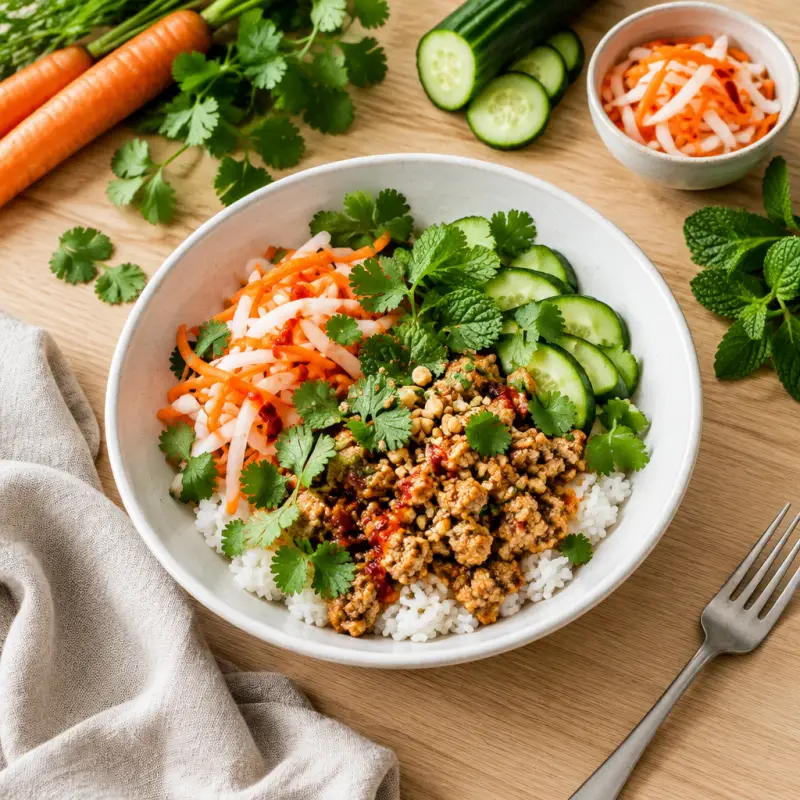 Turkey "Banh Mi" Rice Bowl with Pickled Veggies, Cilantro & Mint, plated