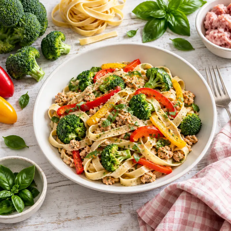 Turkey-Basil Fettuccine with Bell Peppers & Broccoli, plated