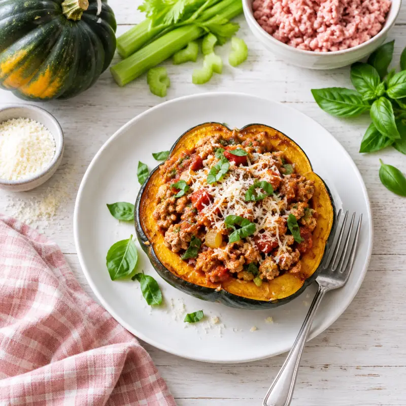 Turkey Bolognese Stuffed Acorn Squash with Parmesan & Basil, plated