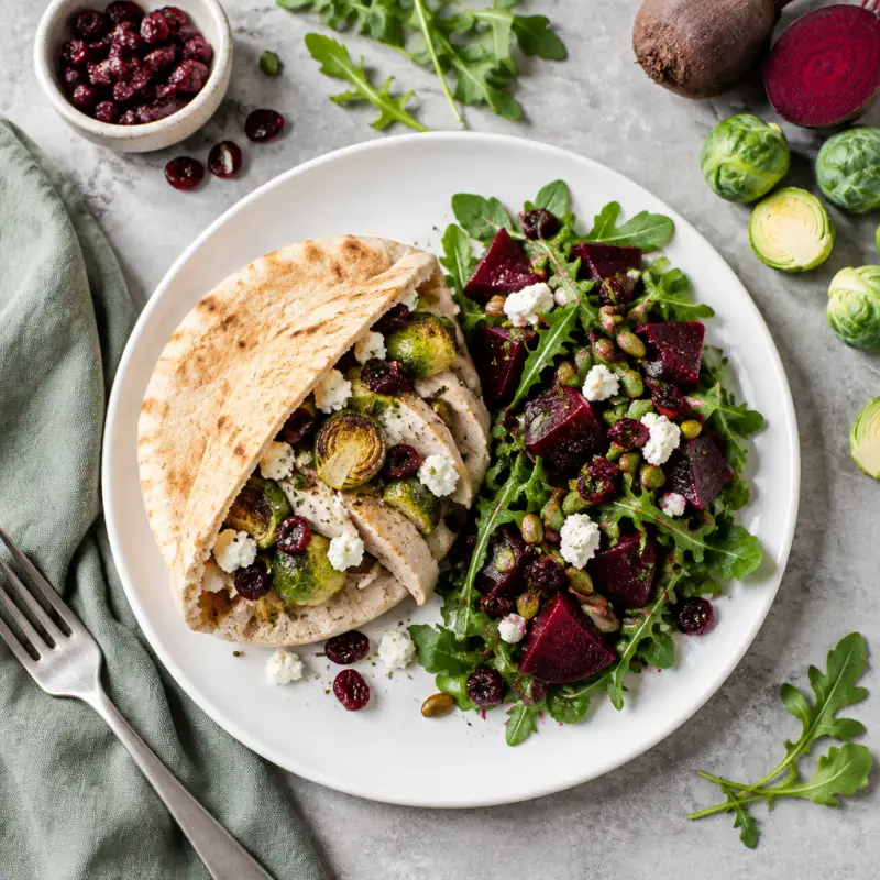 Turkey, Brussels Sprout & Goat Cheese Pita with Beet-Arugula Salad, plated