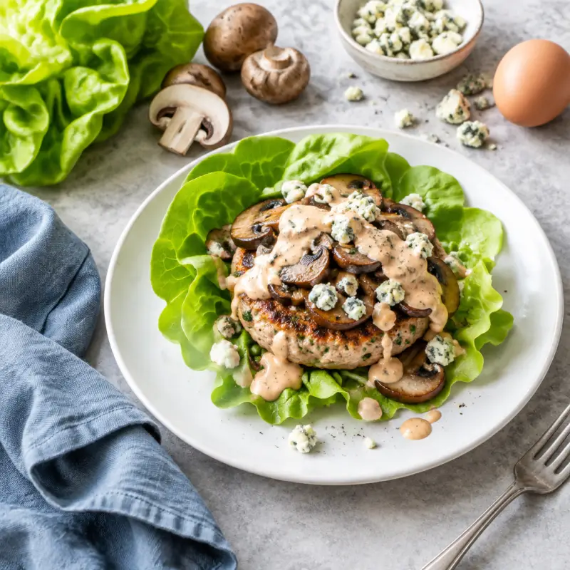 Turkey Burger Lettuce Wrap with Special Sauce, Blue Cheese & Mushrooms, plated