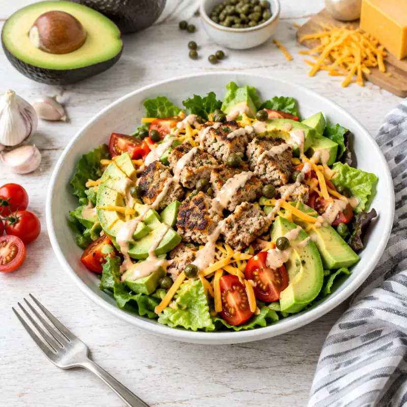 "Turkey Burger" Salad with Avocado, Tomato, Cheddar & Thousand Island, plated