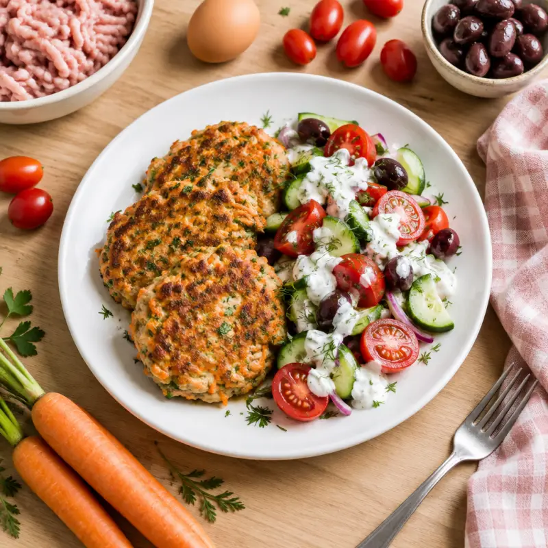 Turkey & Carrot Fritters with Tzatziki-Dressed Veggie Salad, plated