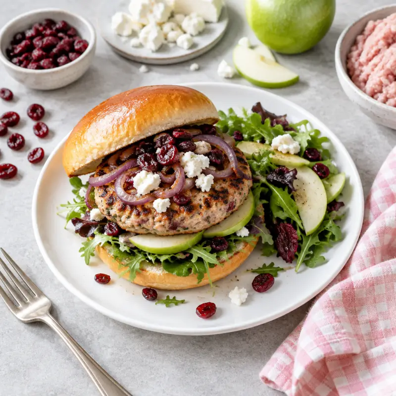 Turkey Cranberry Burger with Onion, Goat Cheese & Mixed Greens, plated