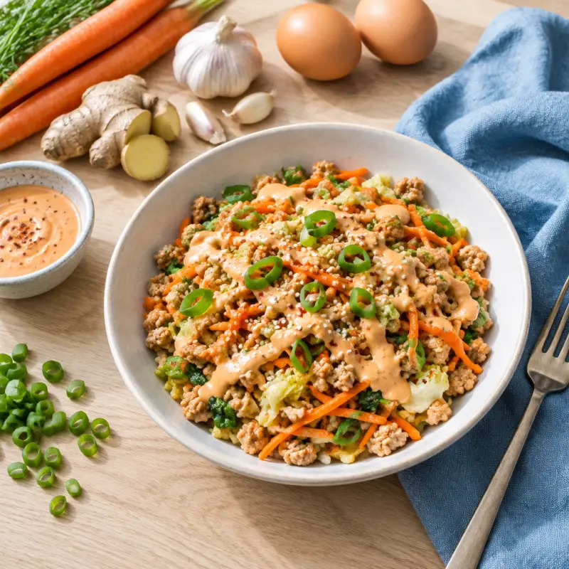 Turkey "Egg Roll in a Bowl" with Spicy Mayo, plated