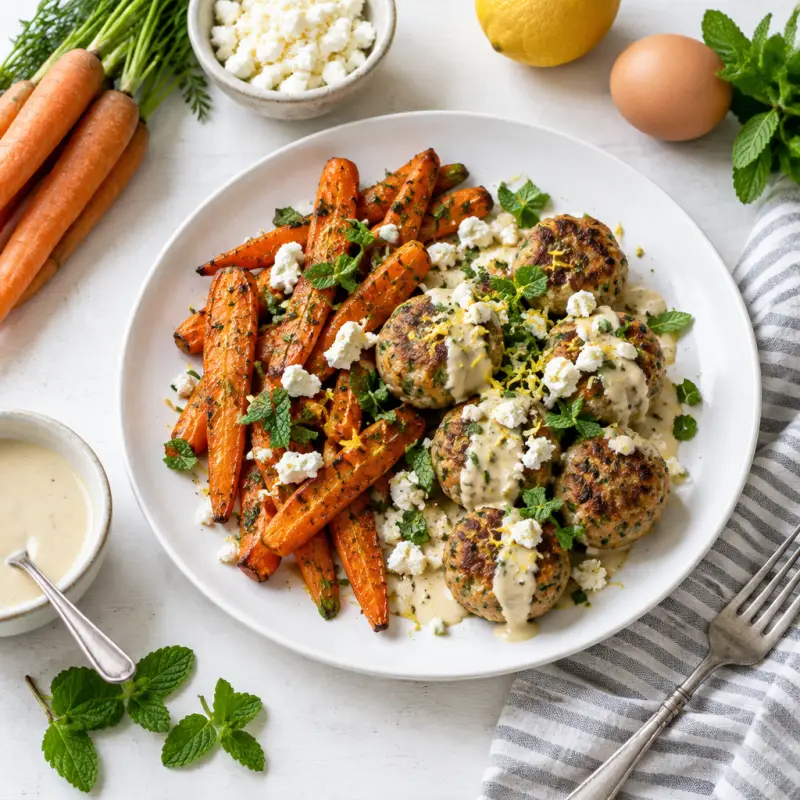 Turkey-Feta Meatballs with Lemony Tahini Sauce, Roasted Carrots & Mint, plated