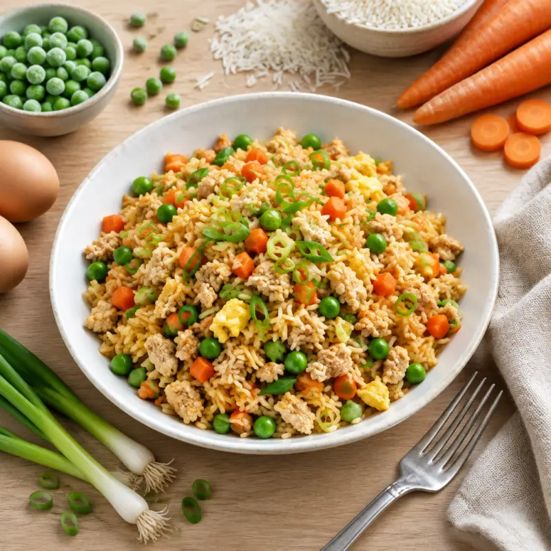 Turkey Fried Rice with Carrots, Peas & Scallions, plated