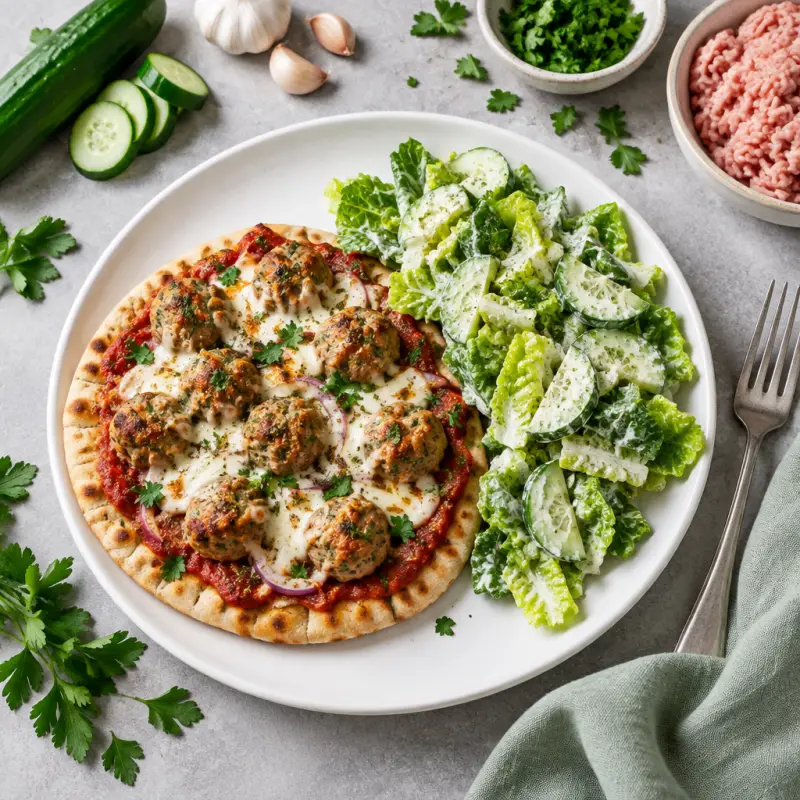 Turkey "Meatball" Pita Pizza with Creamy Oregano & Olive Romaine Salad, plated