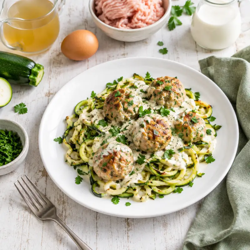 Turkey Meatballs with Baked Zucchini Noodles, Cream Sauce & Parsley, plated