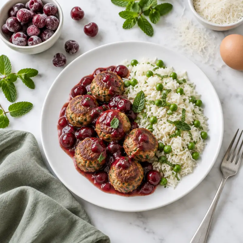 Turkey Meatballs with Cherry Sauce & Sweet Pea-Mint Rice Pilaf, plated
