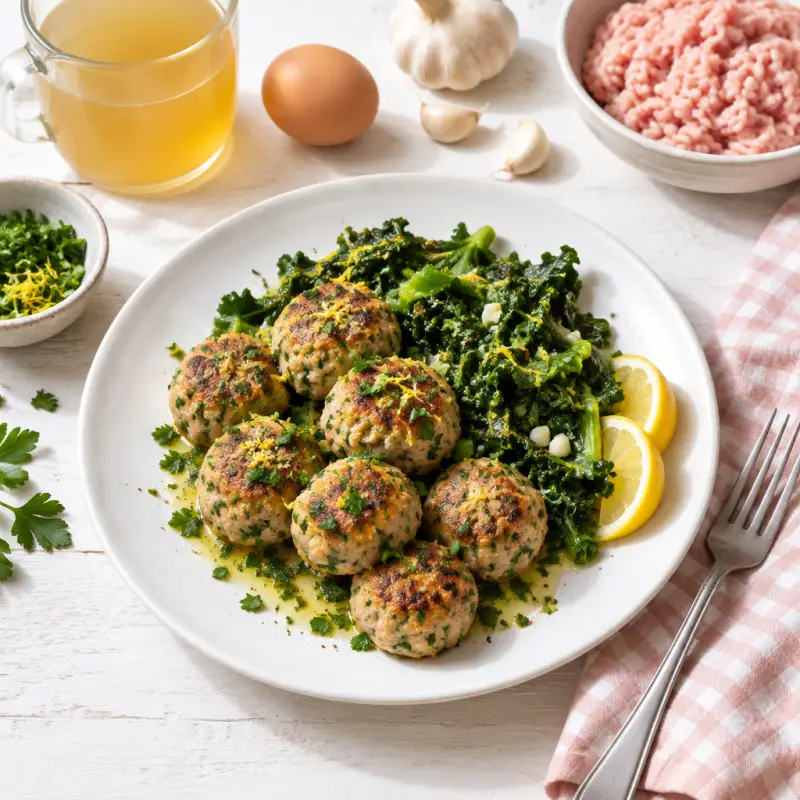 Turkey Meatballs with Sautéed Kale & Lemon Parsley Dressing, plated