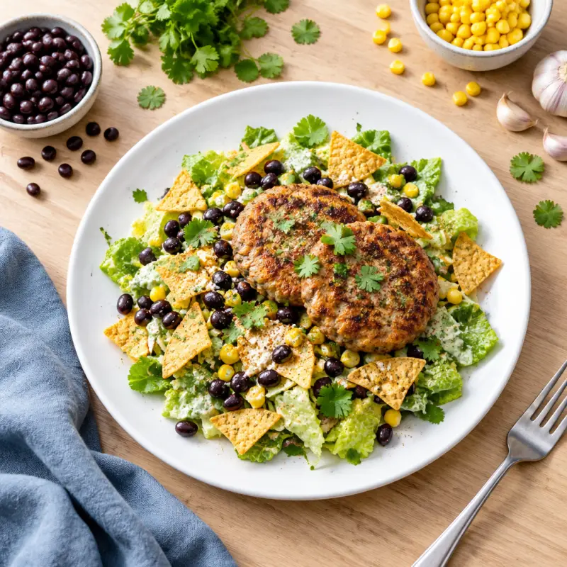 Turkey Patties over Tex-Mex Caesar with Black Beans & Tortilla Chips, plated