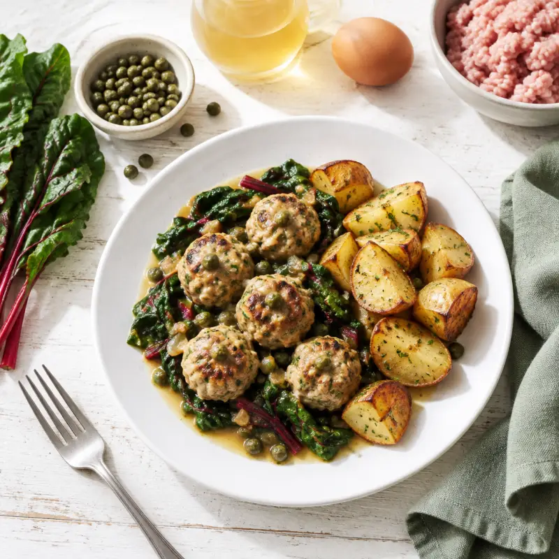 "Turkey Piccata" Meatball Skillet with Chard, Capers & Roast Potatoes, plated