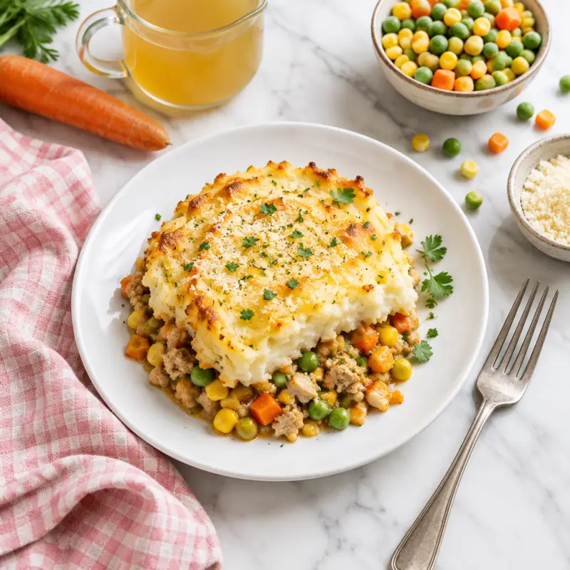 Turkey Shepherd's Pie with Mixed Vegetables & Parmesan Potatoes, plated