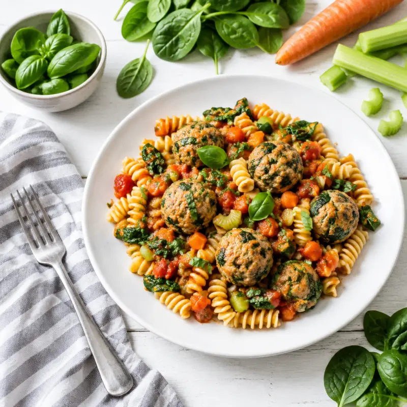 Turkey-Spinach Meatballs with Rotini Pasta, Mixed Veggie Sauce & Basil, plated