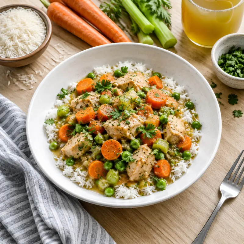 Turkey Stew with Carrot, Celery, Parsley & Peas over Rice, plated