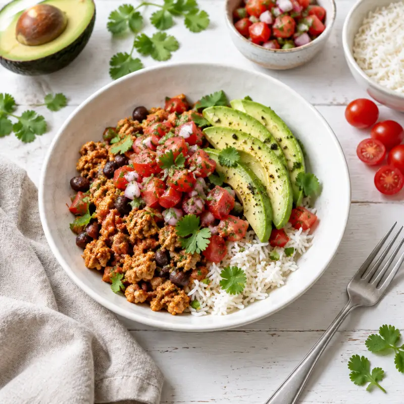 Turkey Taco Rice Bowl with Pico de Gallo & Avocado Slices, plated