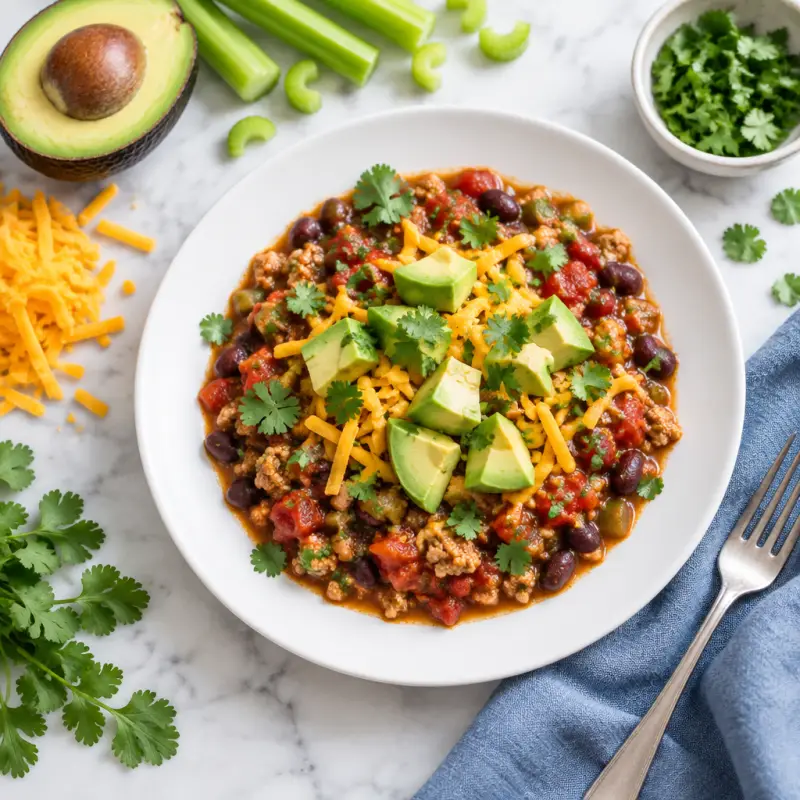 Turkey & Vegetable Chili with Avocado, Cheddar & Cilantro, plated