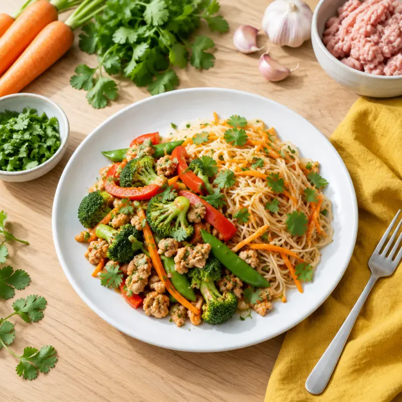 Turkey Vegetable Stir-Fry with Carrot & Cilantro-Tossed Rice Noodles, plated