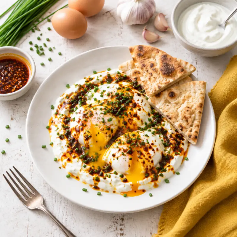 Turkish Eggs with Garlicky Yogurt, Chili Butter, Chives & Pita, plated