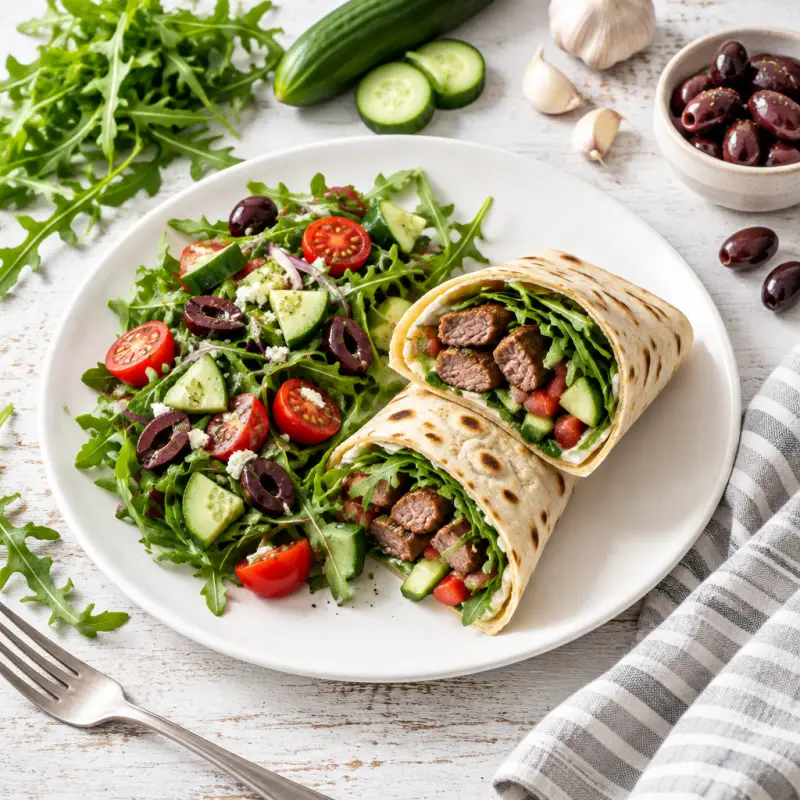 Turkish Steak Wrap with Arugula, Tomato, Cucumber & Olive Salad, plated