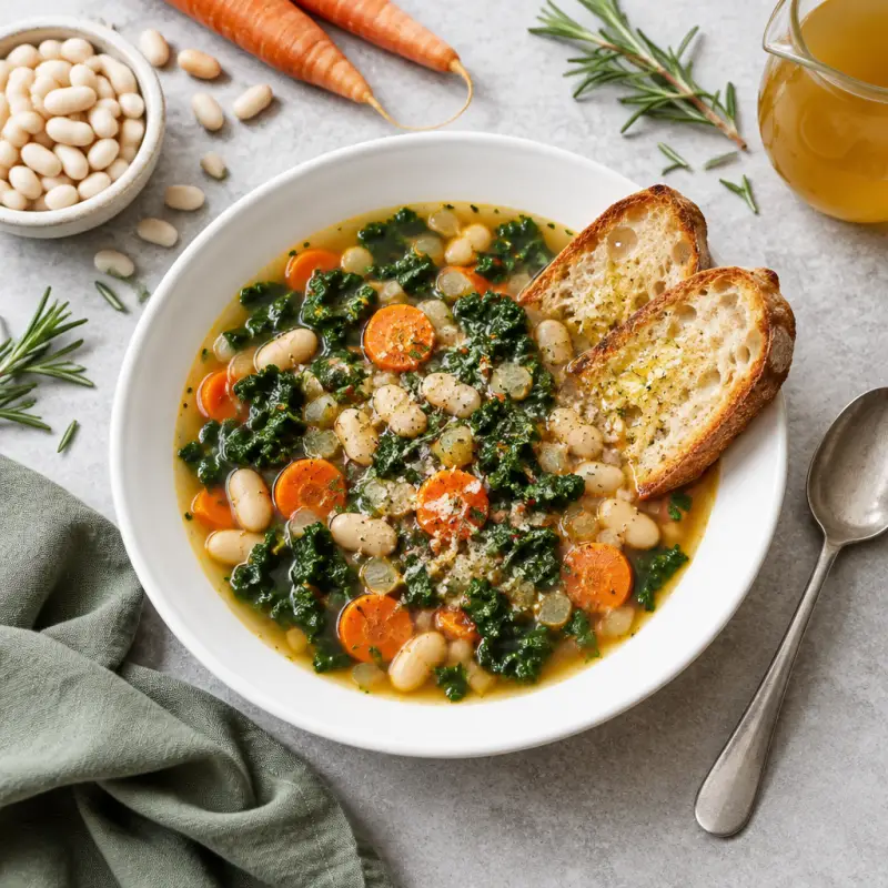 Tuscan Kale & White Bean Soup with Toast, plated