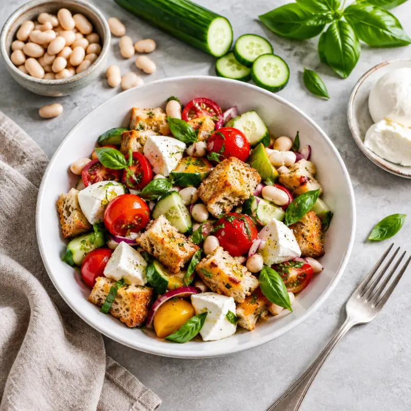 Tuscan Panzanella Salad with White Beans, plated