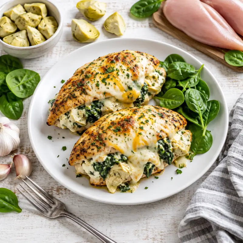 Two-Cheese Chicken, Spinach & Artichoke Melts, plated