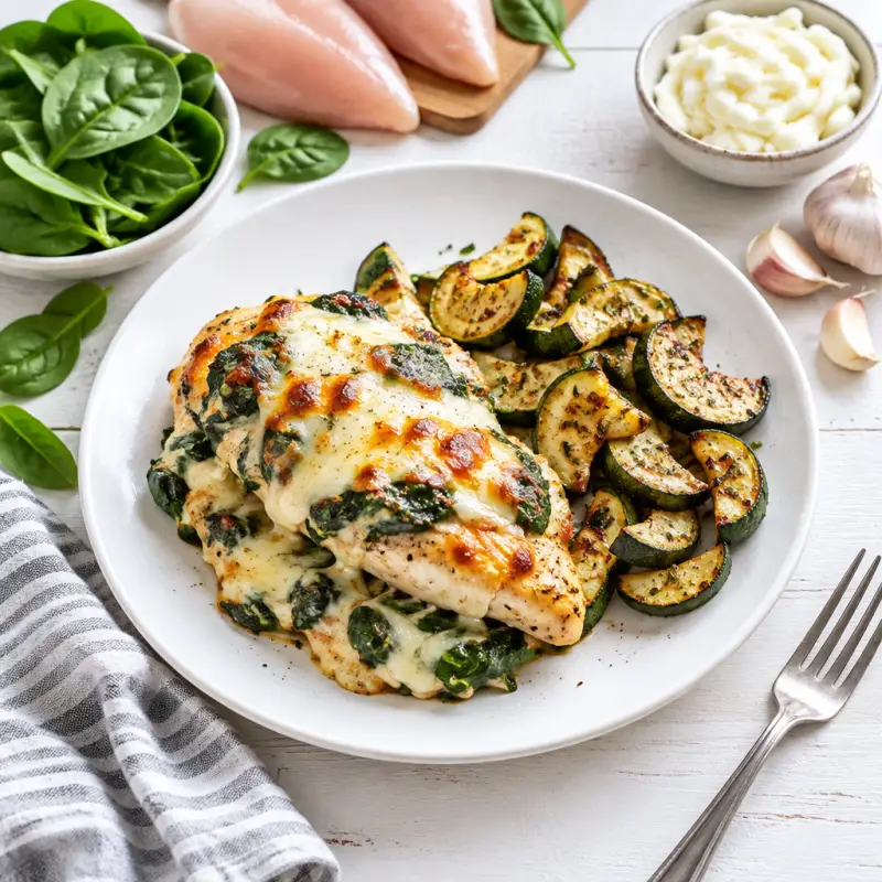 Two Cheese Spinach & Chicken Bake with Roasted Zucchini, plated