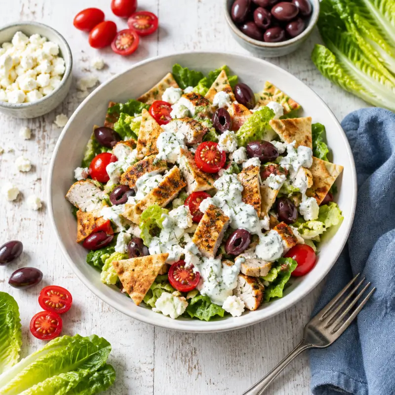 Tzatziki-Dressed Salad with Chicken, Pita Chips, Olives & Feta, plated