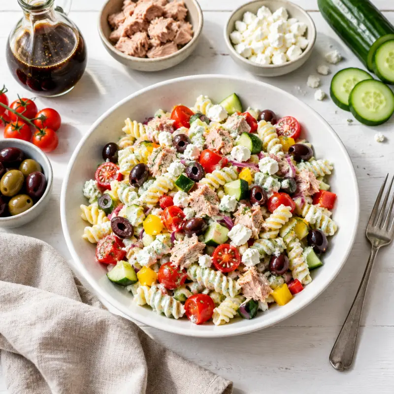 Tzatziki Pasta Salad with Tuna, Mixed Veggies, Olives & Feta, plated