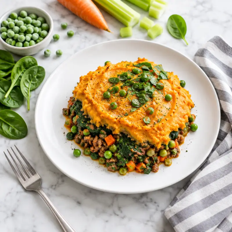Upside-Down Beef "Cottage Pie" with Spinach, Peas & Sweet Potato Mash, plated