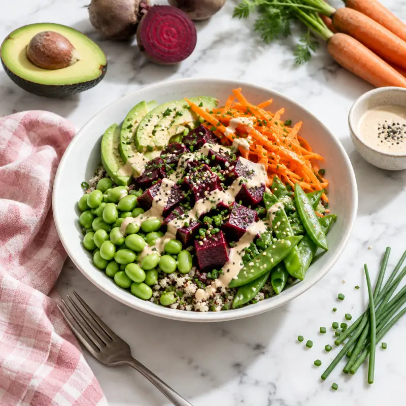 Vegan Beet "Poke" Bowl with Edamame, Snap Peas, Carrots & Sesame Mayo, plated
