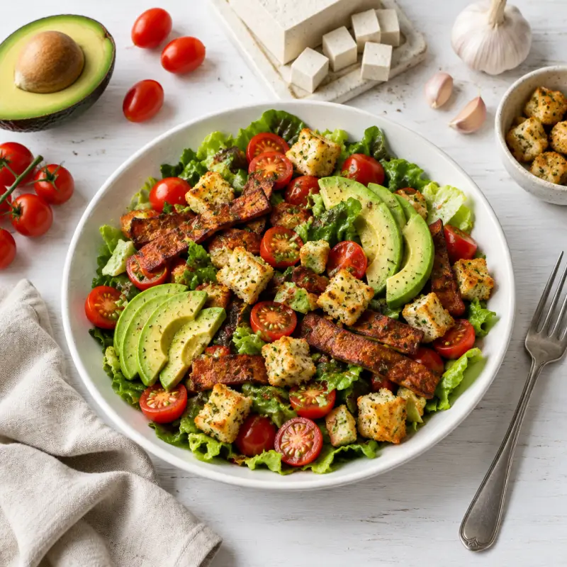 Vegan "BLT" Salad with Tofu Bacon, Avocado & Garlic Croutons, plated