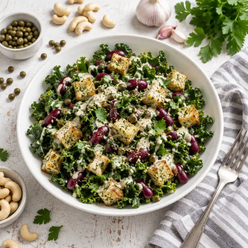 Vegan Caesar Salad with Kale, Kidney Beans & Herbed Croutons, plated
