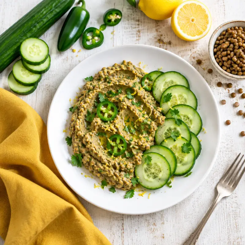 Vegan Lemon-Jalapeño Lentil Pâté with Cucumber Slices, plated