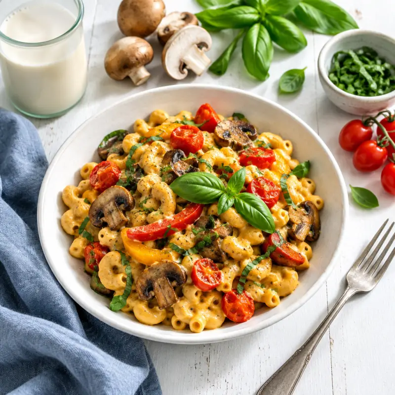Vegan "Mac & Cheese" with Roasted Mushrooms, Tomatoes, Peppers & Basil, plated