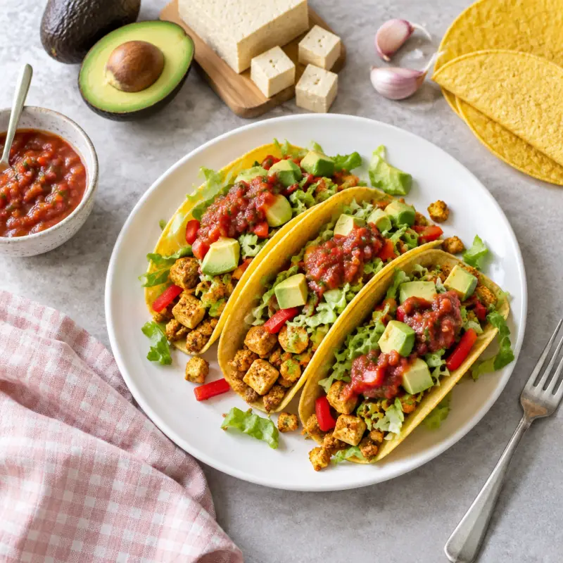 Vegan Tofu Tacos with Bell Pepper, Lettuce, Avocado & Salsa, plated