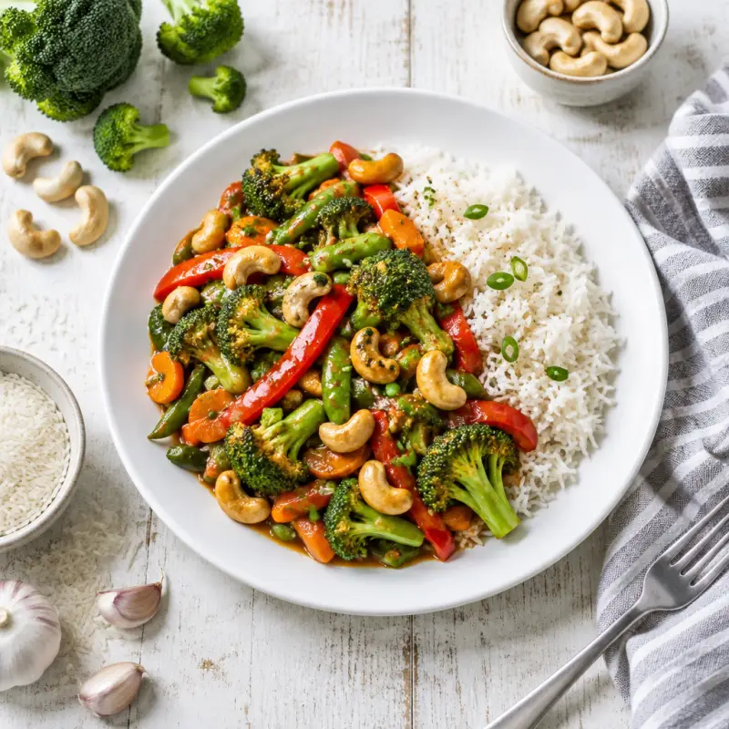 Vegetable & Cashew Stir Fry with Basmati Rice, plated