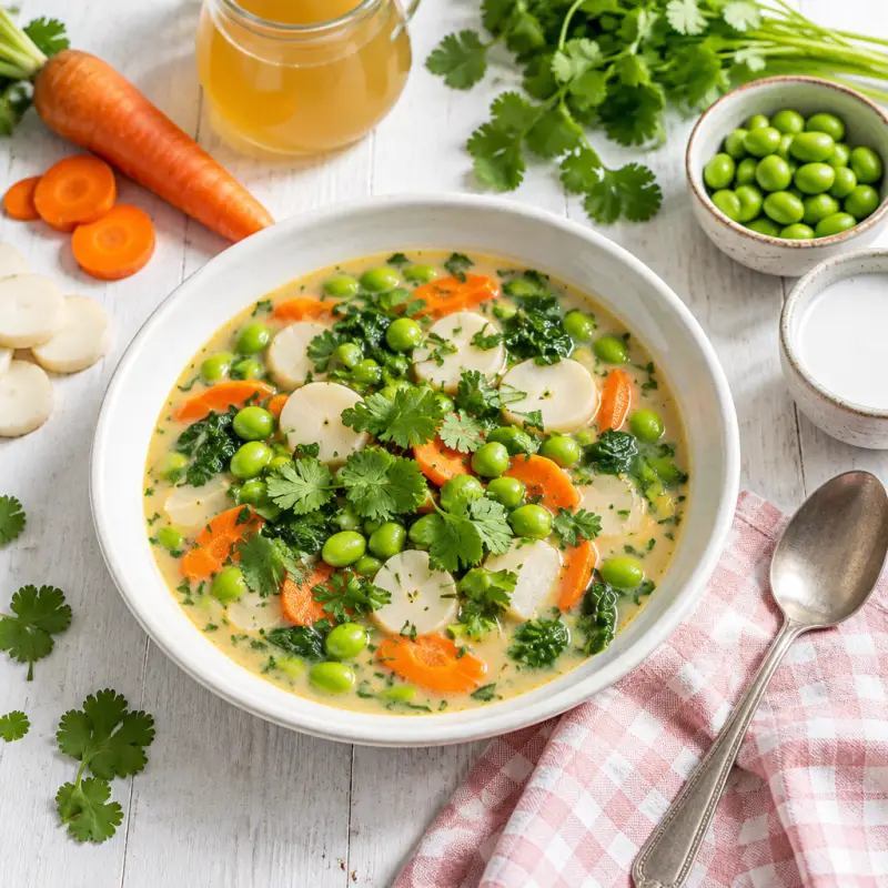 Vegetable Soup with Edamame, Water Chestnuts & Cilantro-Coconut Broth, plated