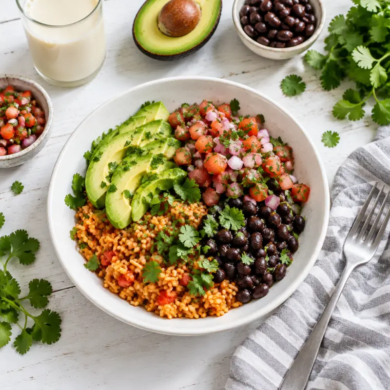 Vegetarian Burrito Bowl with Spanish Rice, Beans & Pico de Gallo, plated