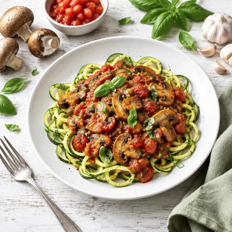 Vegetarian Mushroom Tomato Sauce over Crisp Zucchini Noodles, plated