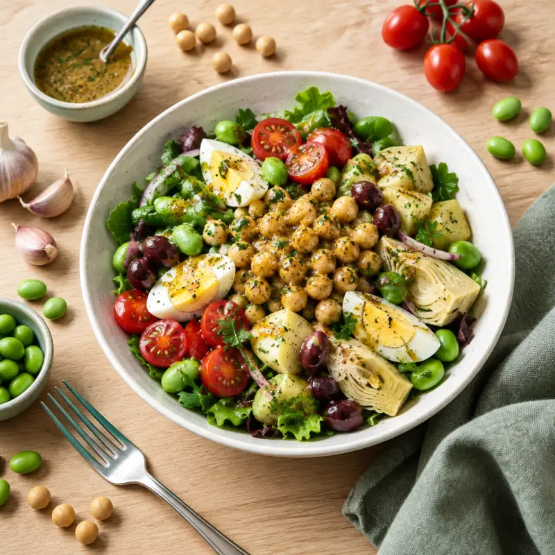 Vegetarian Niçoise Salad with Lemony Chickpeas & Dijon Vinaigrette, plated