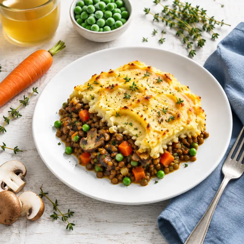 Vegetarian Shepherd's Pie with Lentils, Mushrooms & Carrots, plated
