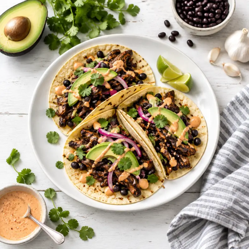 Vegetarian Spicy Portobello "Carnitas" Tacos with Beans & Chili Mayo, plated