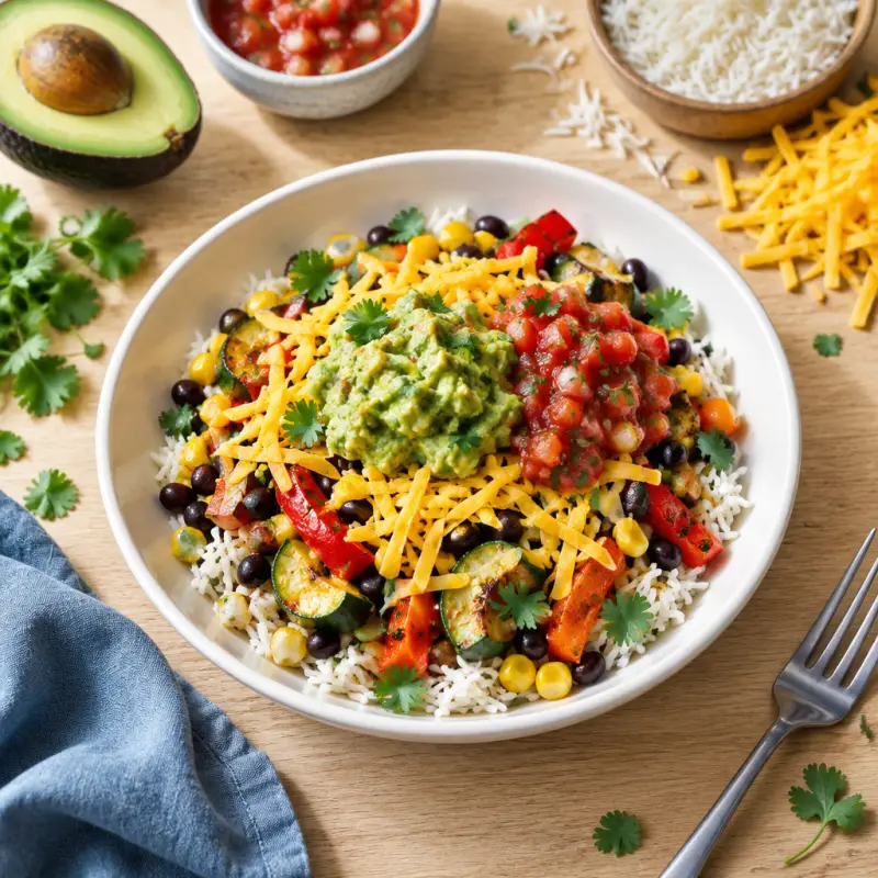 Veggie Burrito Bowl with Salsa, Guacamole & Cheddar, plated