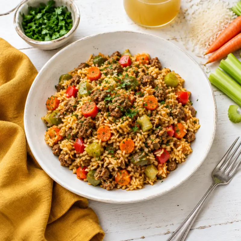 Veggie-Packed Cajun "Dirty Rice" with Beef, Celery, Peppers & Carrots, plated